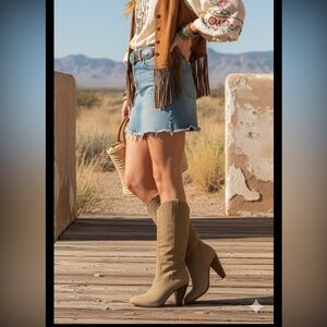 ALDO Women Western Suede Knee High boots Beige Size 8.5 Cowgirl Boho Casual